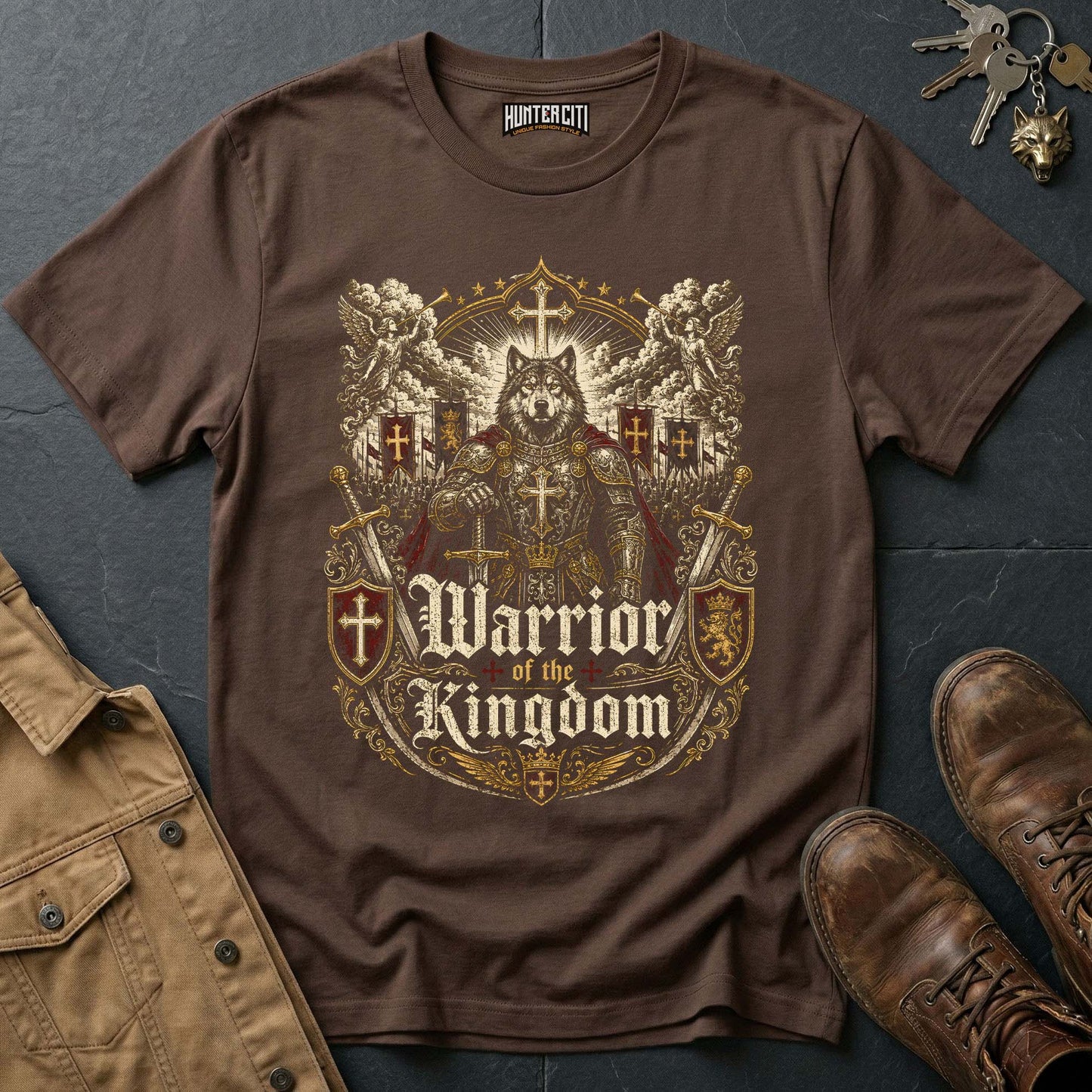 Warrior of the Kingdom Wolf T-Shirt - Christian Warrior Wolf Graphic Tee USA Bold Gift for Men