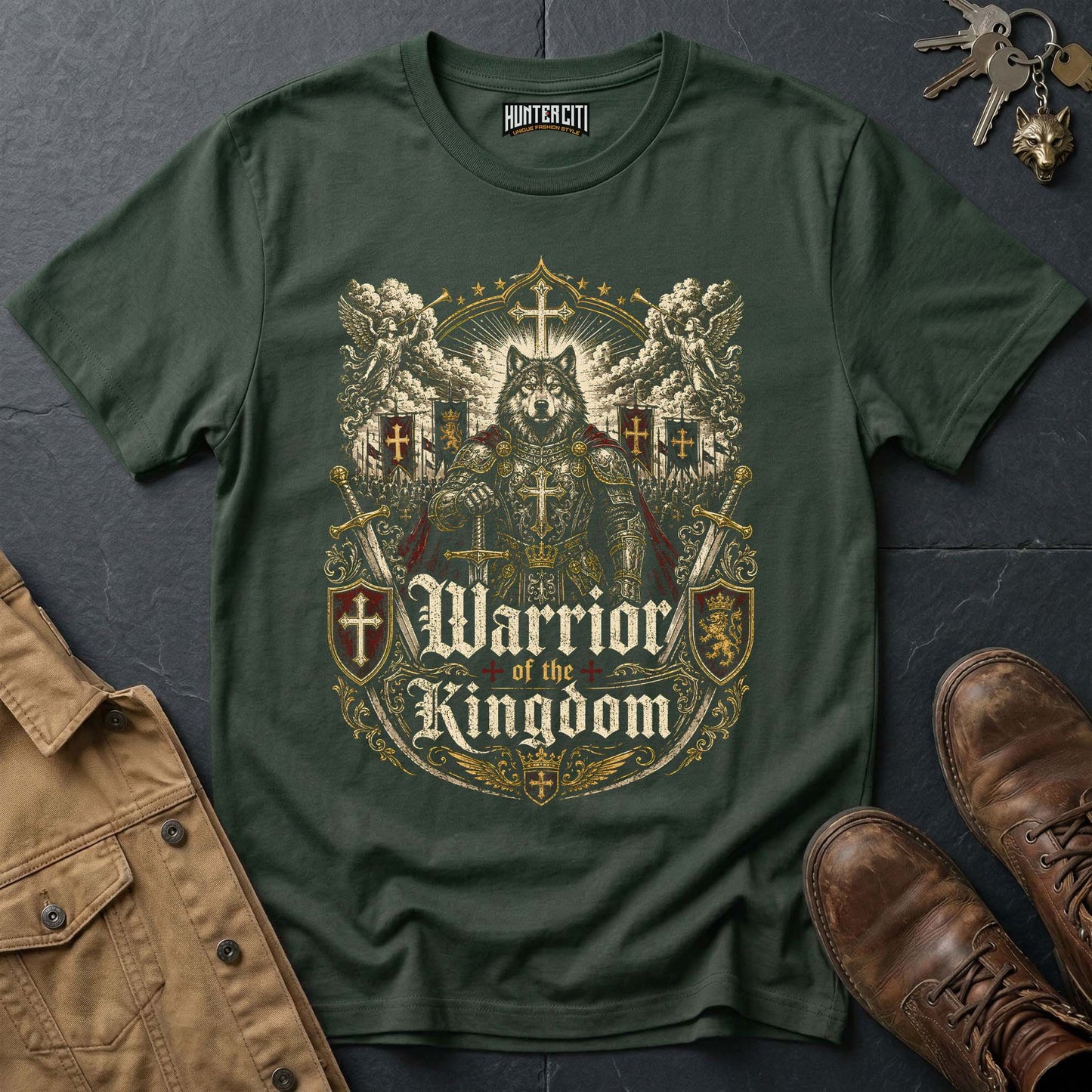 Warrior of the Kingdom Wolf T-Shirt - Christian Warrior Wolf Graphic Tee USA Bold Gift for Men