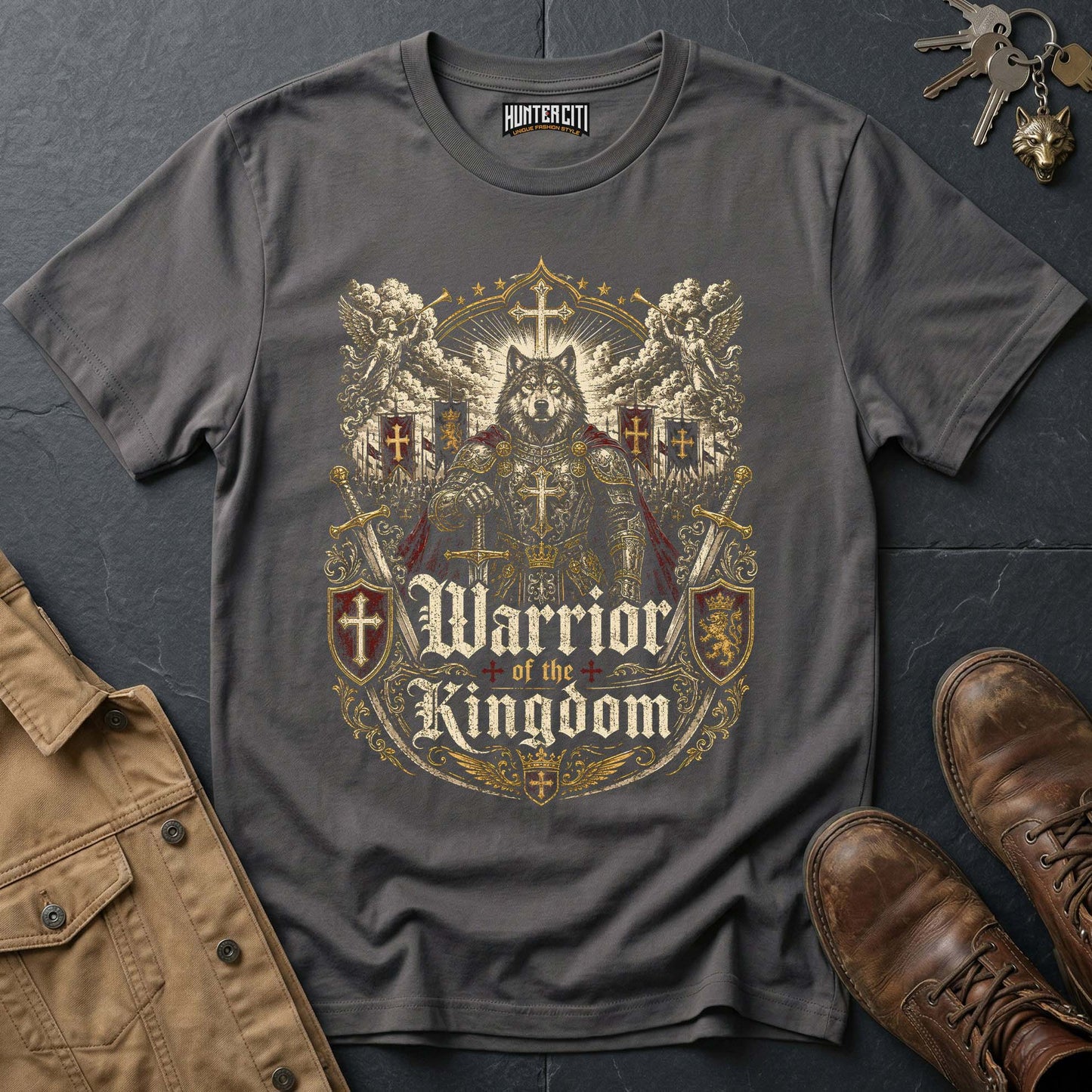 Warrior of the Kingdom Wolf T-Shirt - Christian Warrior Wolf Graphic Tee USA Bold Gift for Men
