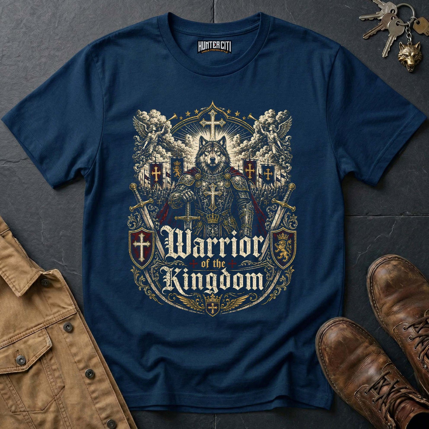 Warrior of the Kingdom Wolf T-Shirt - Christian Warrior Wolf Graphic Tee USA Bold Gift for Men