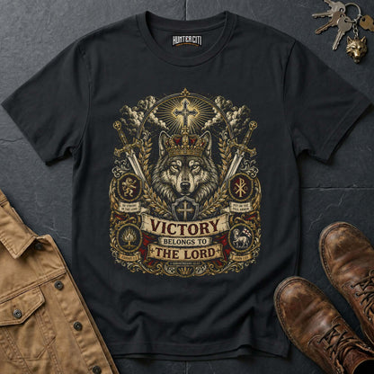 Victory Belongs to the Lord Wolf T-Shirt - Christian Warrior Wolf Graphic Tee USA Gift for Men