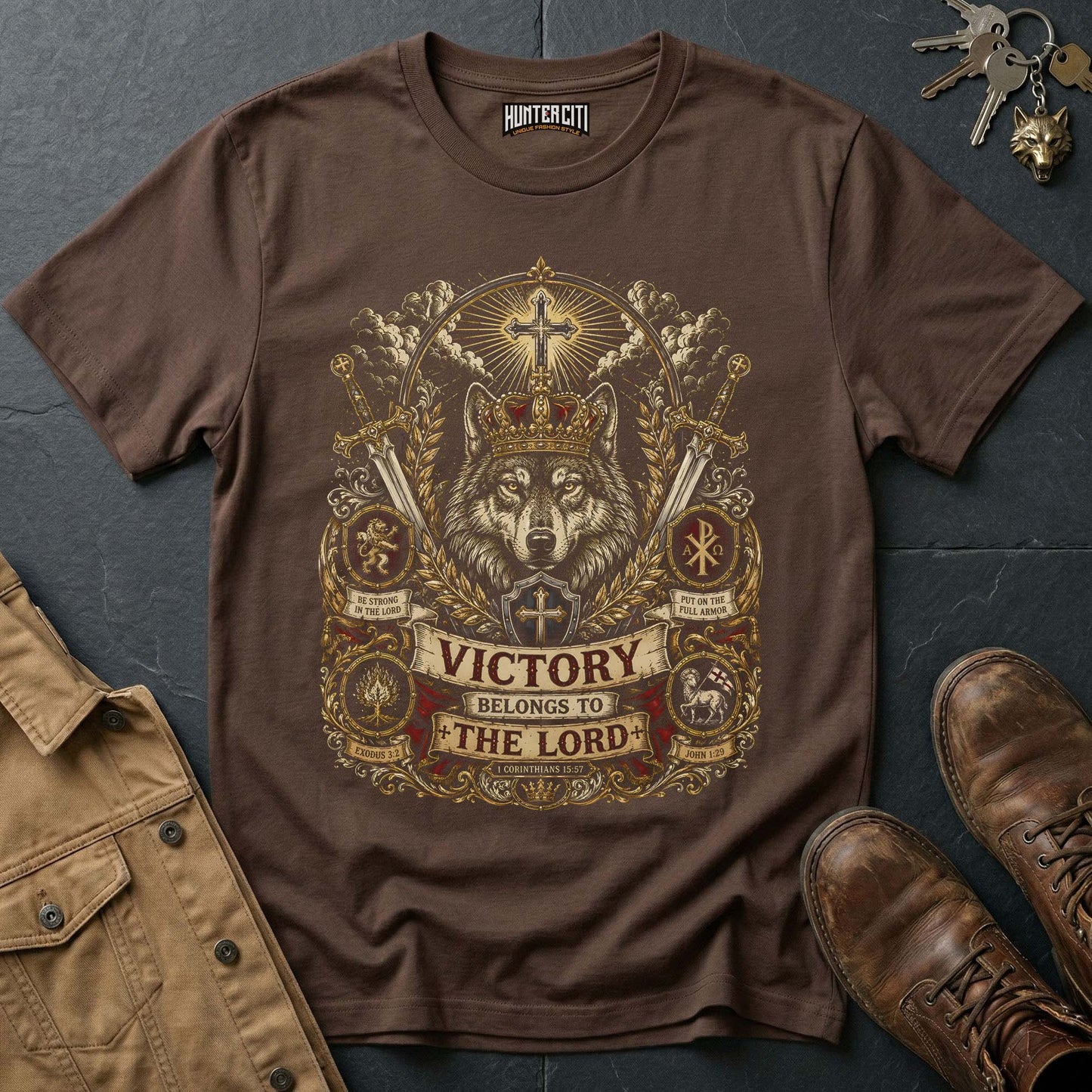 Victory Belongs to the Lord Wolf T-Shirt - Christian Warrior Wolf Graphic Tee USA Gift for Men