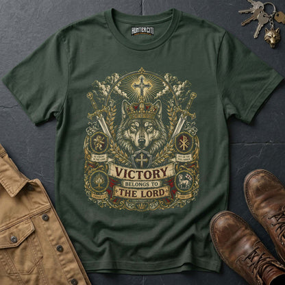 Victory Belongs to the Lord Wolf T-Shirt - Christian Warrior Wolf Graphic Tee USA Gift for Men