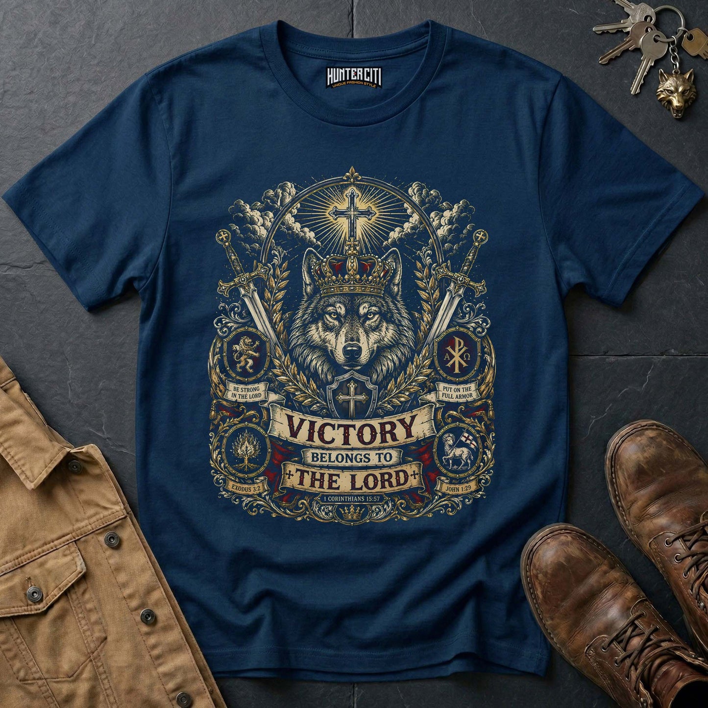Victory Belongs to the Lord Wolf T-Shirt - Christian Warrior Wolf Graphic Tee USA Gift for Men