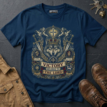 Victory Belongs to the Lord Wolf T-Shirt - Christian Warrior Wolf Graphic Tee USA Gift for Men
