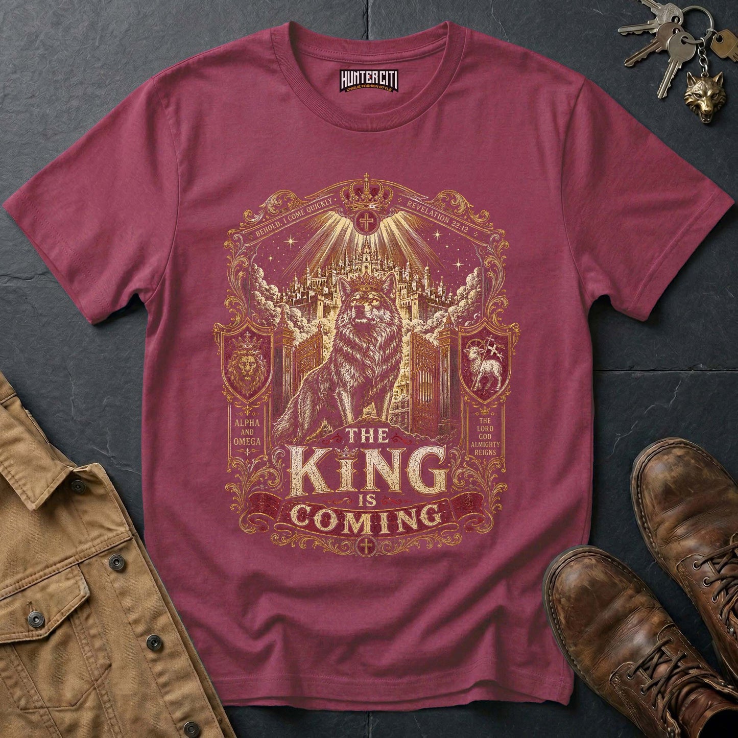 The King Is Coming Wolf T-Shirt - Christian Wolf Graphic Tee USA Bold Faith Gift for Men