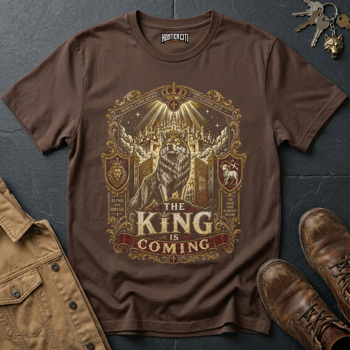 The King Is Coming Wolf T-Shirt - Christian Wolf Graphic Tee USA Bold Faith Gift for Men