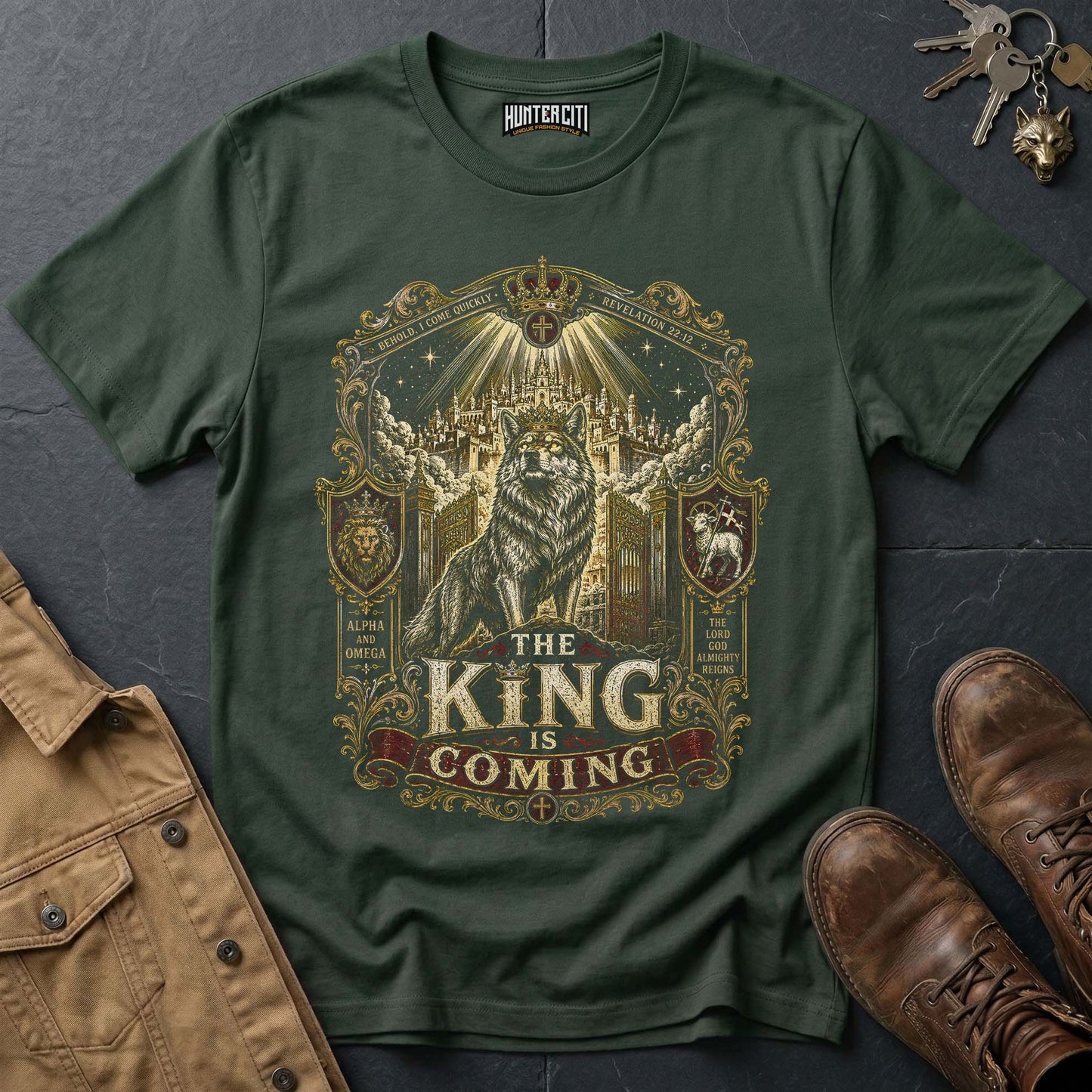 The King Is Coming Wolf T-Shirt - Christian Wolf Graphic Tee USA Bold Faith Gift for Men