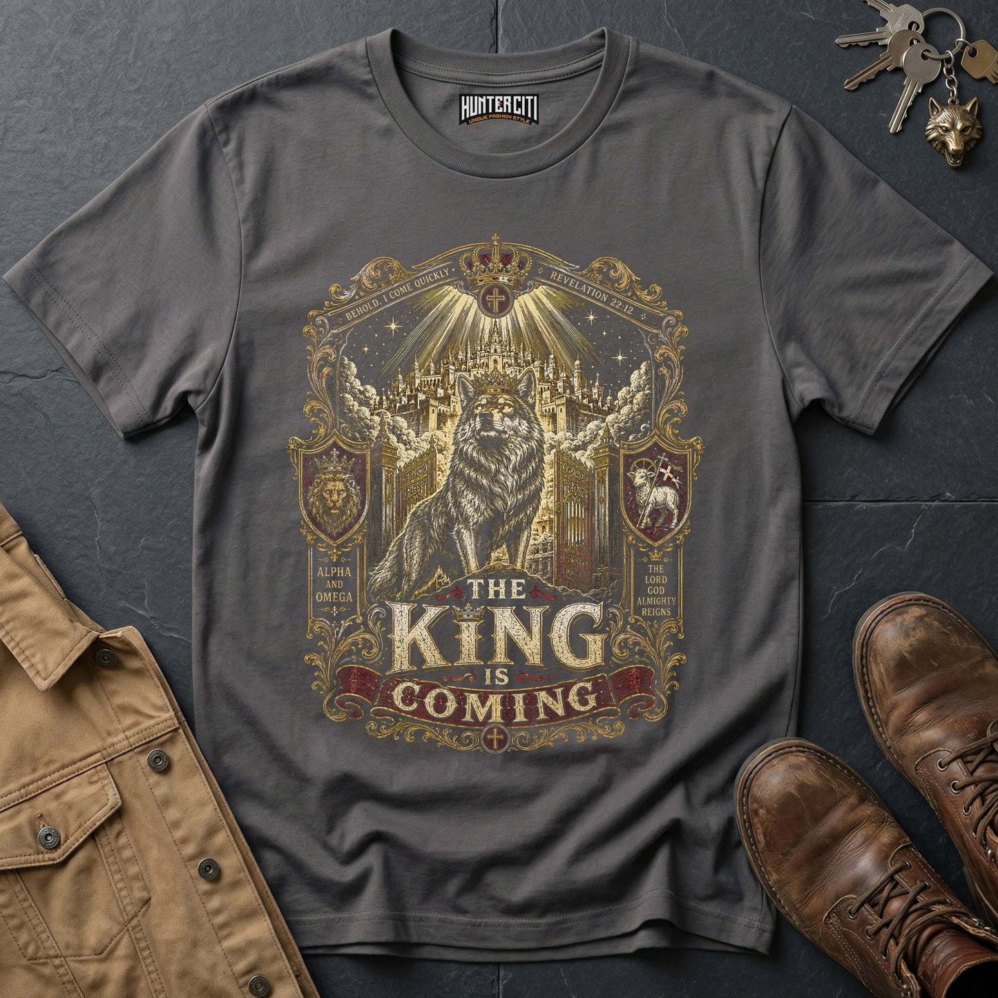 The King Is Coming Wolf T-Shirt - Christian Wolf Graphic Tee USA Bold Faith Gift for Men