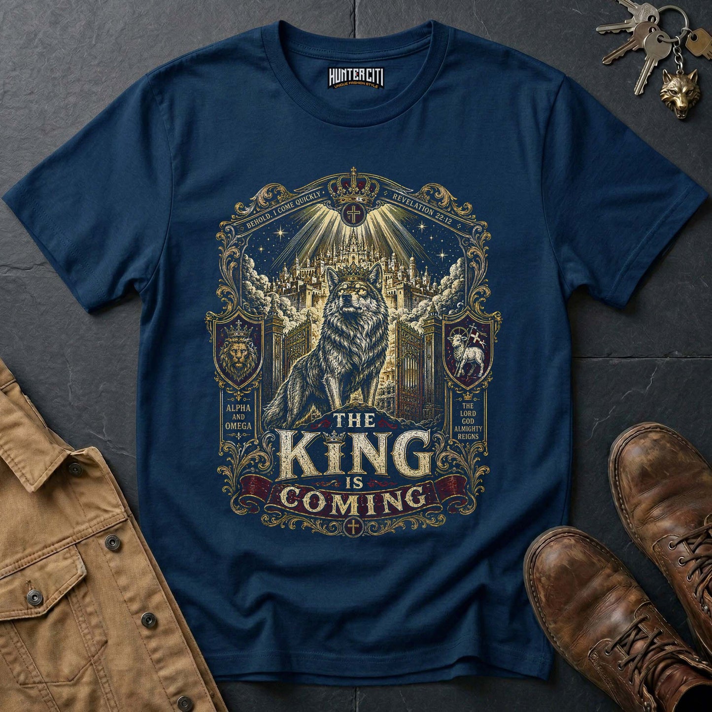 The King Is Coming Wolf T-Shirt - Christian Wolf Graphic Tee USA Bold Faith Gift for Men