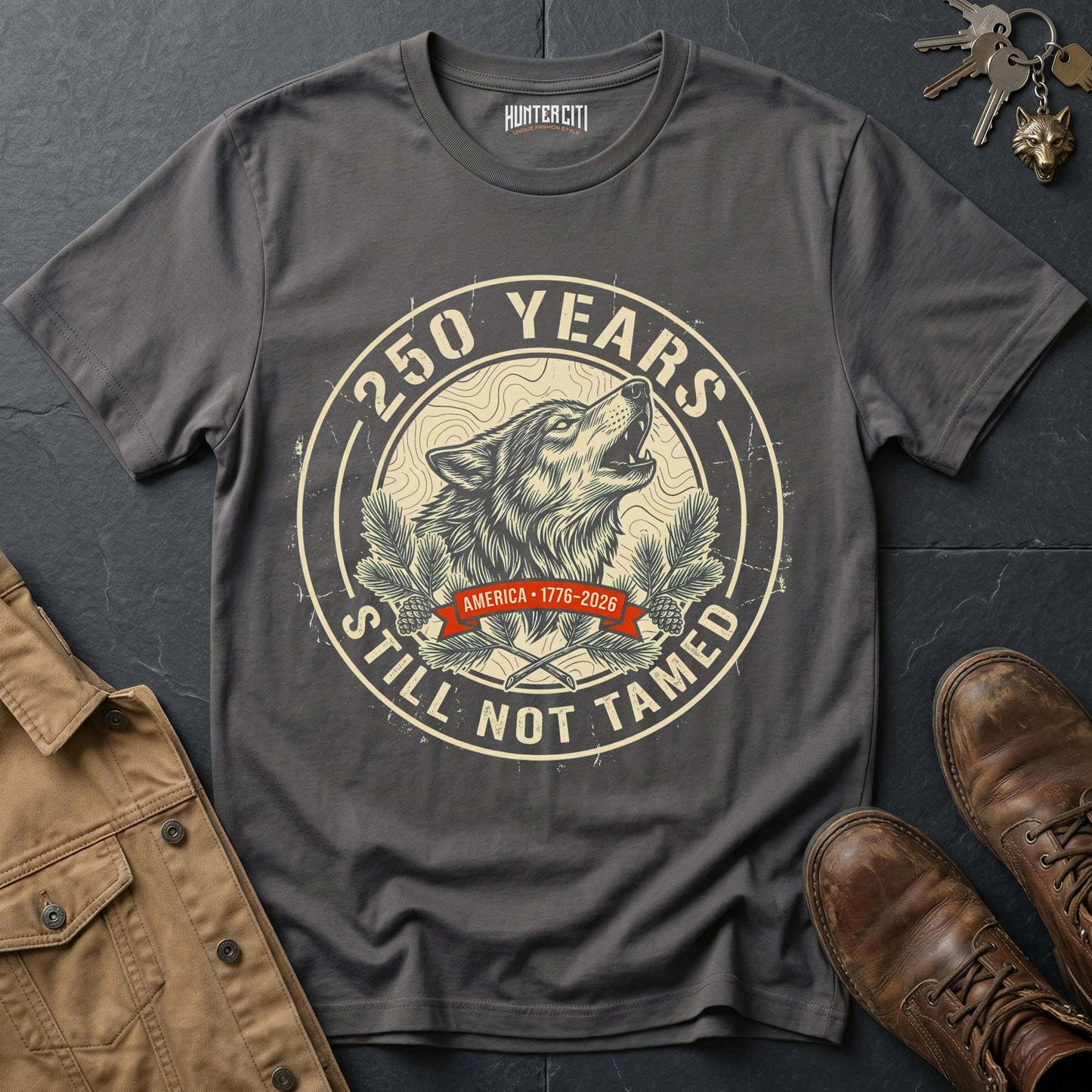 250 Years America Still Not Tamed Woodland Badge T-Shirt - 1776 2026 Wolf Pine Nature Patriotic Tee USA Gift