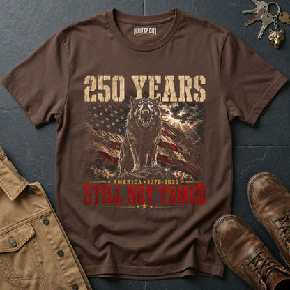 250 Years America Still Not Tamed Dramatic Wolf T-Shirt - 1776 2026 Patriotic Snarling Wolf Graphic Tee USA Gift