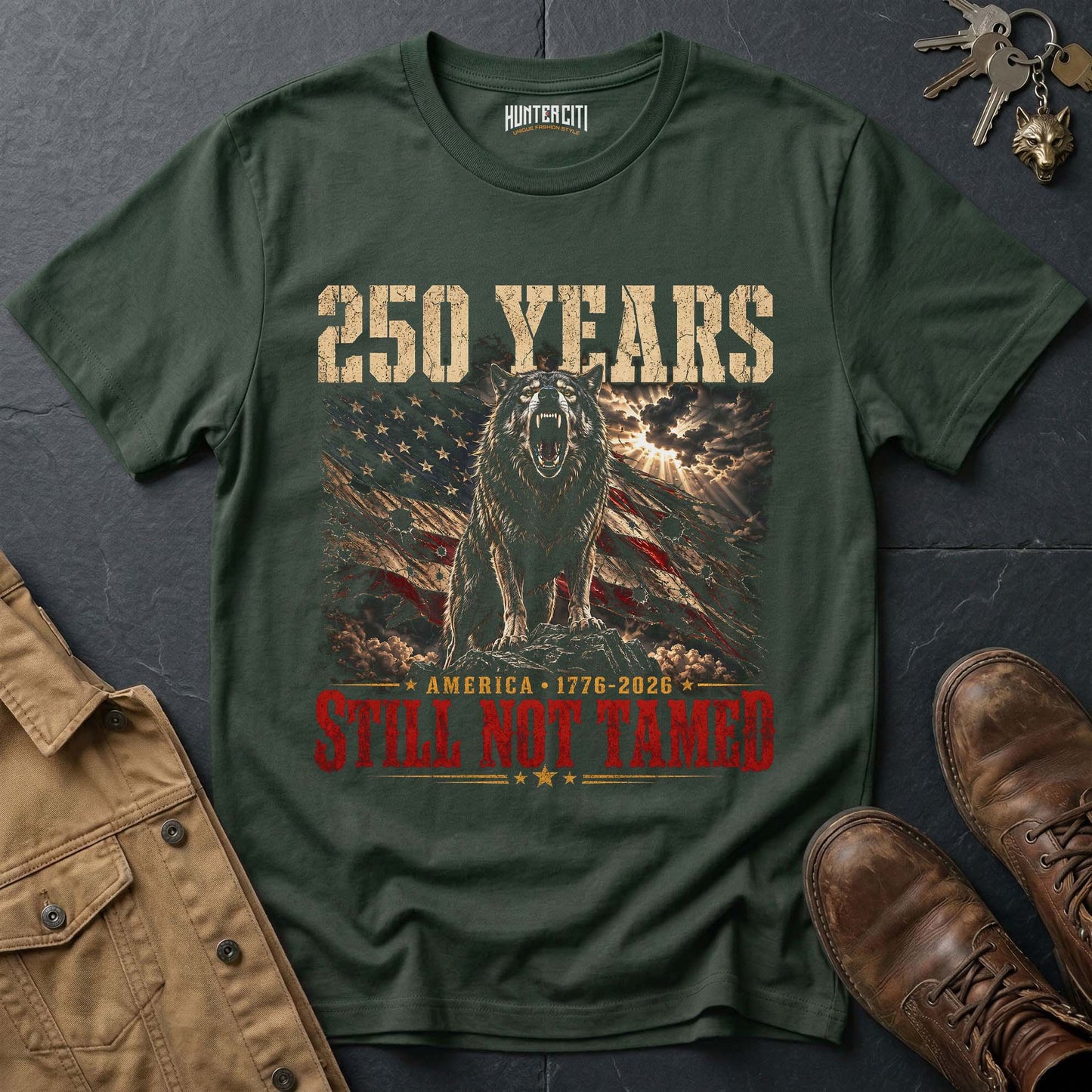 250 Years America Still Not Tamed Dramatic Wolf T-Shirt - 1776 2026 Patriotic Snarling Wolf Graphic Tee USA Gift