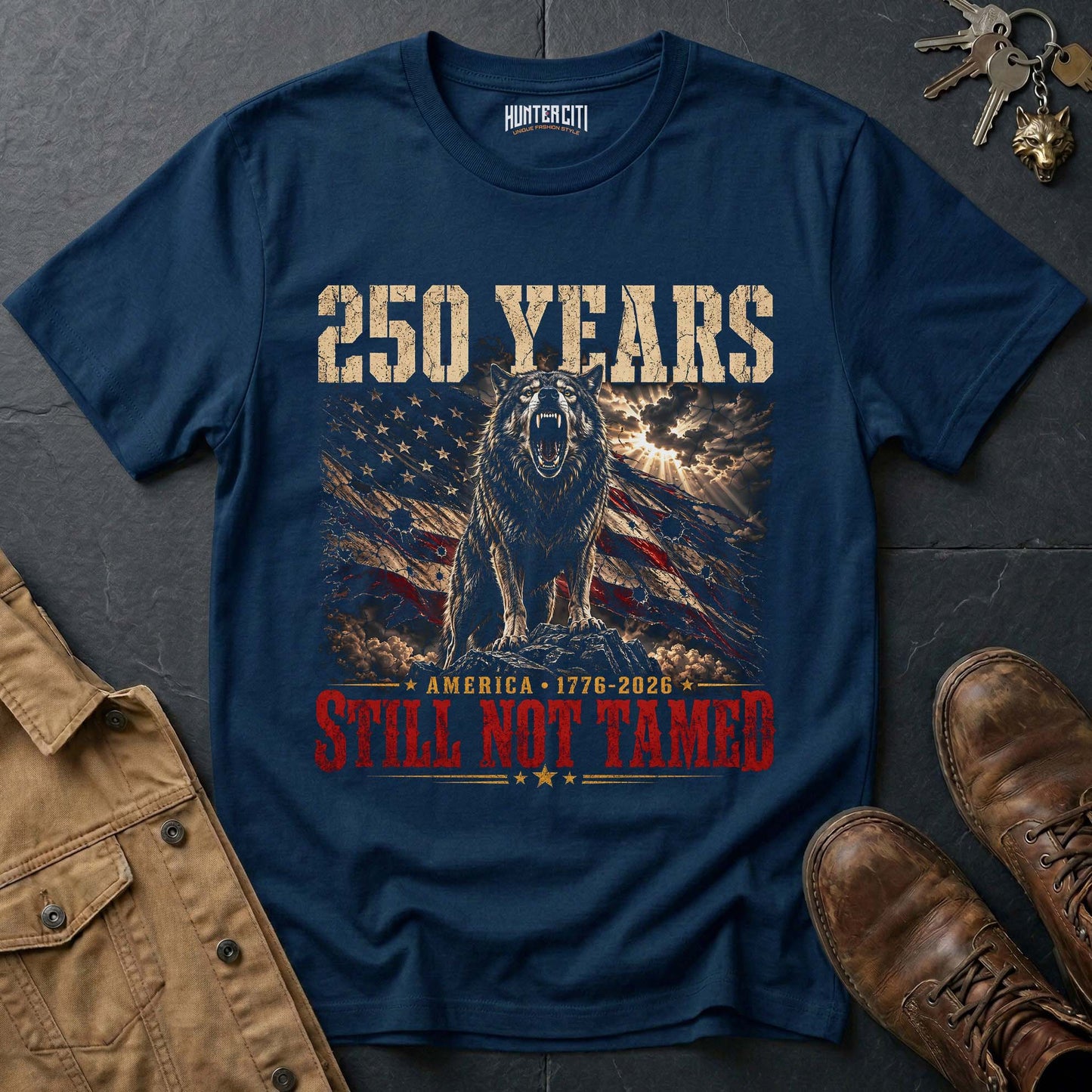250 Years America Still Not Tamed Dramatic Wolf T-Shirt - 1776 2026 Patriotic Snarling Wolf Graphic Tee USA Gift