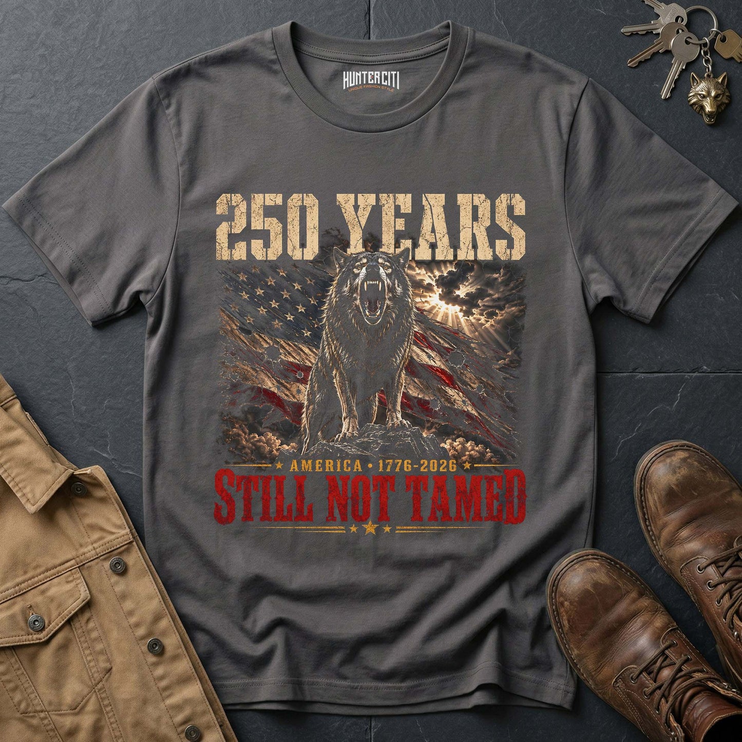 250 Years America Still Not Tamed Dramatic Wolf T-Shirt - 1776 2026 Patriotic Snarling Wolf Graphic Tee USA Gift