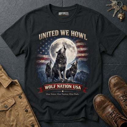 United We Howl Wolf Nation USA T-Shirt Patriotic Wolf Pack Graphic Tee One Voice One Nation USA Gift