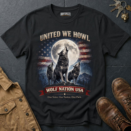 United We Howl Wolf Nation USA T-Shirt Patriotic Wolf Pack Graphic Tee One Voice One Nation USA Gift