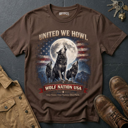United We Howl Wolf Nation USA T-Shirt Patriotic Wolf Pack Graphic Tee One Voice One Nation USA Gift