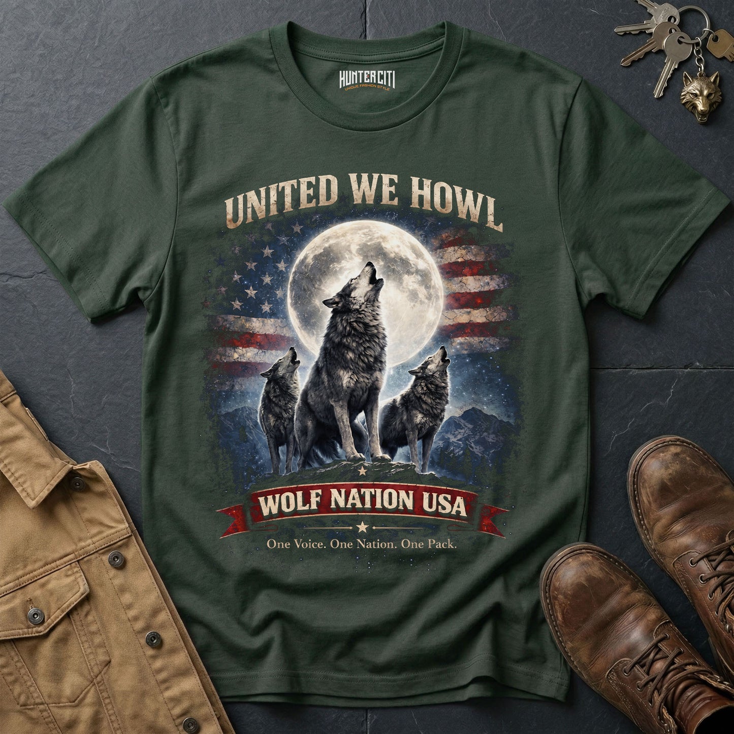 United We Howl Wolf Nation USA T-Shirt Patriotic Wolf Pack Graphic Tee One Voice One Nation USA Gift