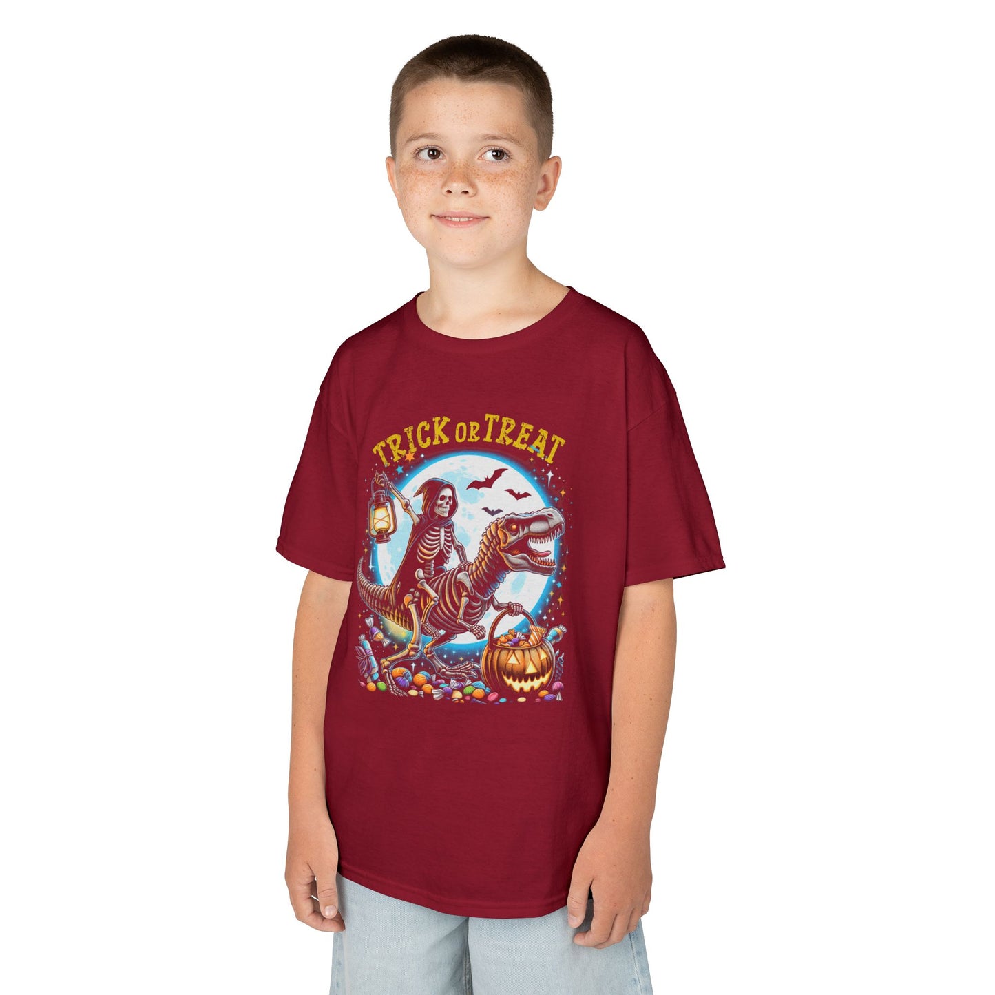 Skeleton Riding Mummy Dinosaur T Rex Halloween Funny Pumpkin Kids T-Shirt - Cute Dinosaur Skeleton Halloween Shirt for Boys & Girls