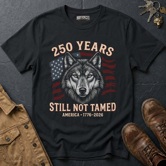 250 Years America Still Not Tamed Wolf Face T-Shirt - 1776 2026 America Anniversary Patriotic Wolf Tee USA Gift