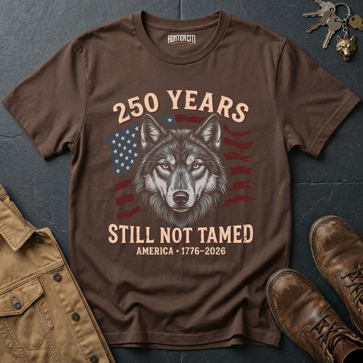 250 Years America Still Not Tamed Wolf Face T-Shirt - 1776 2026 America Anniversary Patriotic Wolf Tee USA Gift