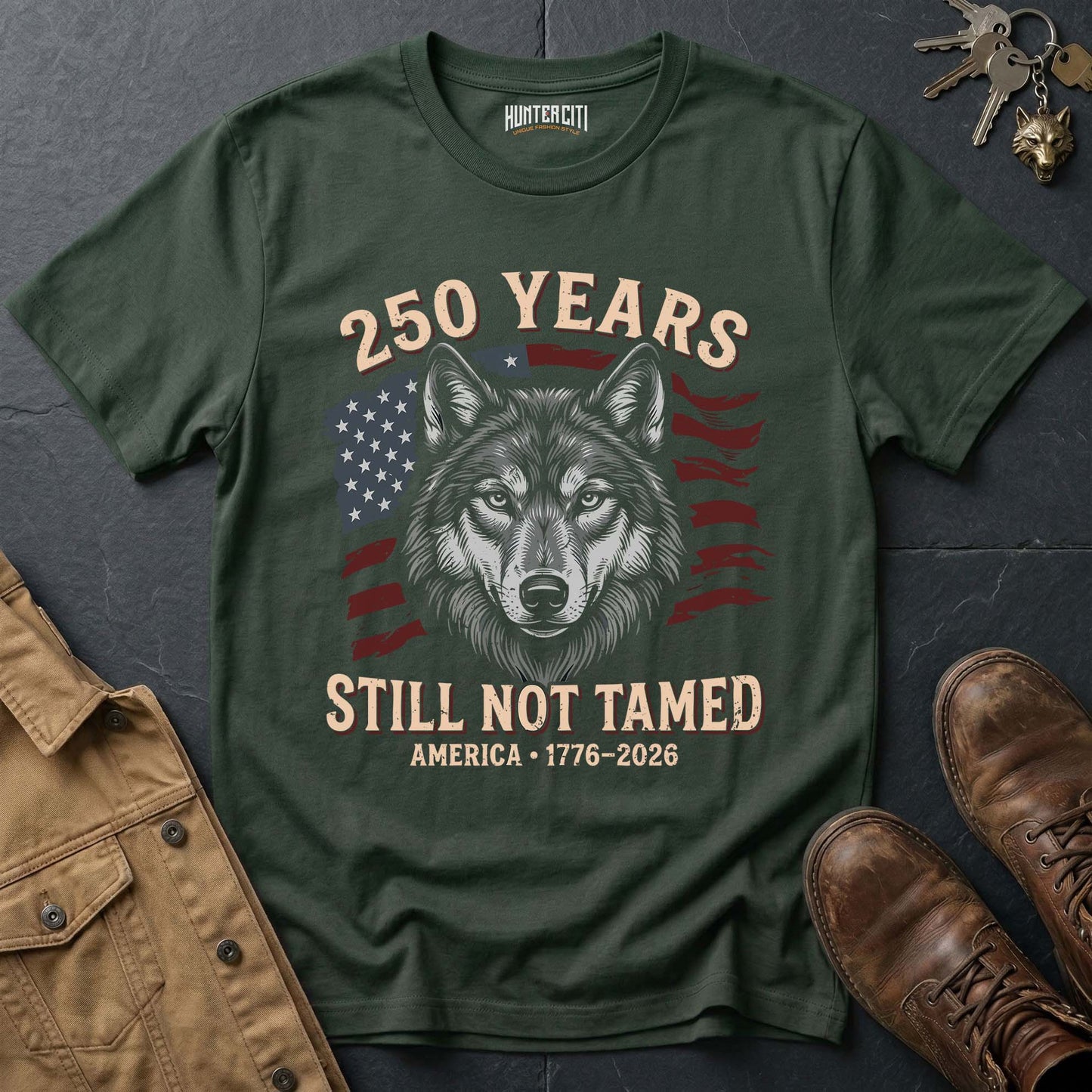 250 Years America Still Not Tamed Wolf Face T-Shirt - 1776 2026 America Anniversary Patriotic Wolf Tee USA Gift