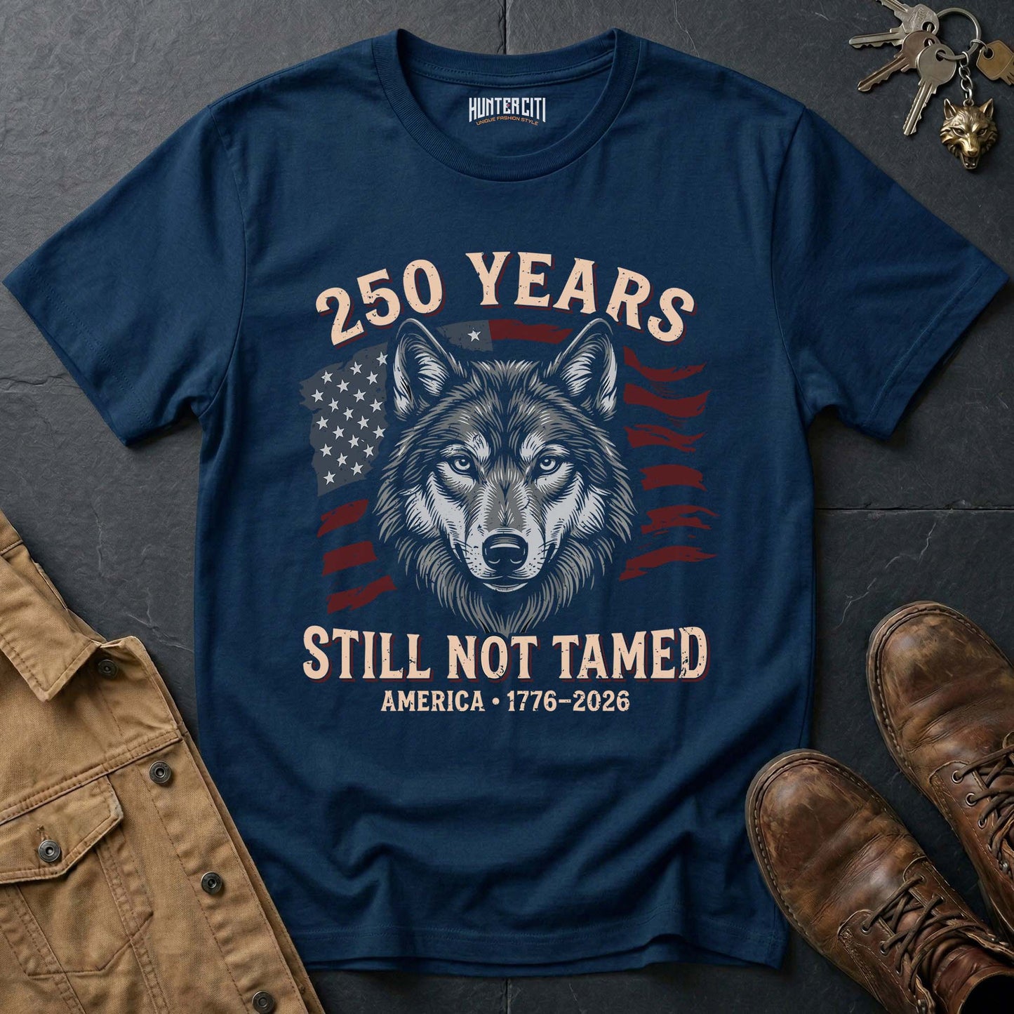 250 Years America Still Not Tamed Wolf Face T-Shirt - 1776 2026 America Anniversary Patriotic Wolf Tee USA Gift