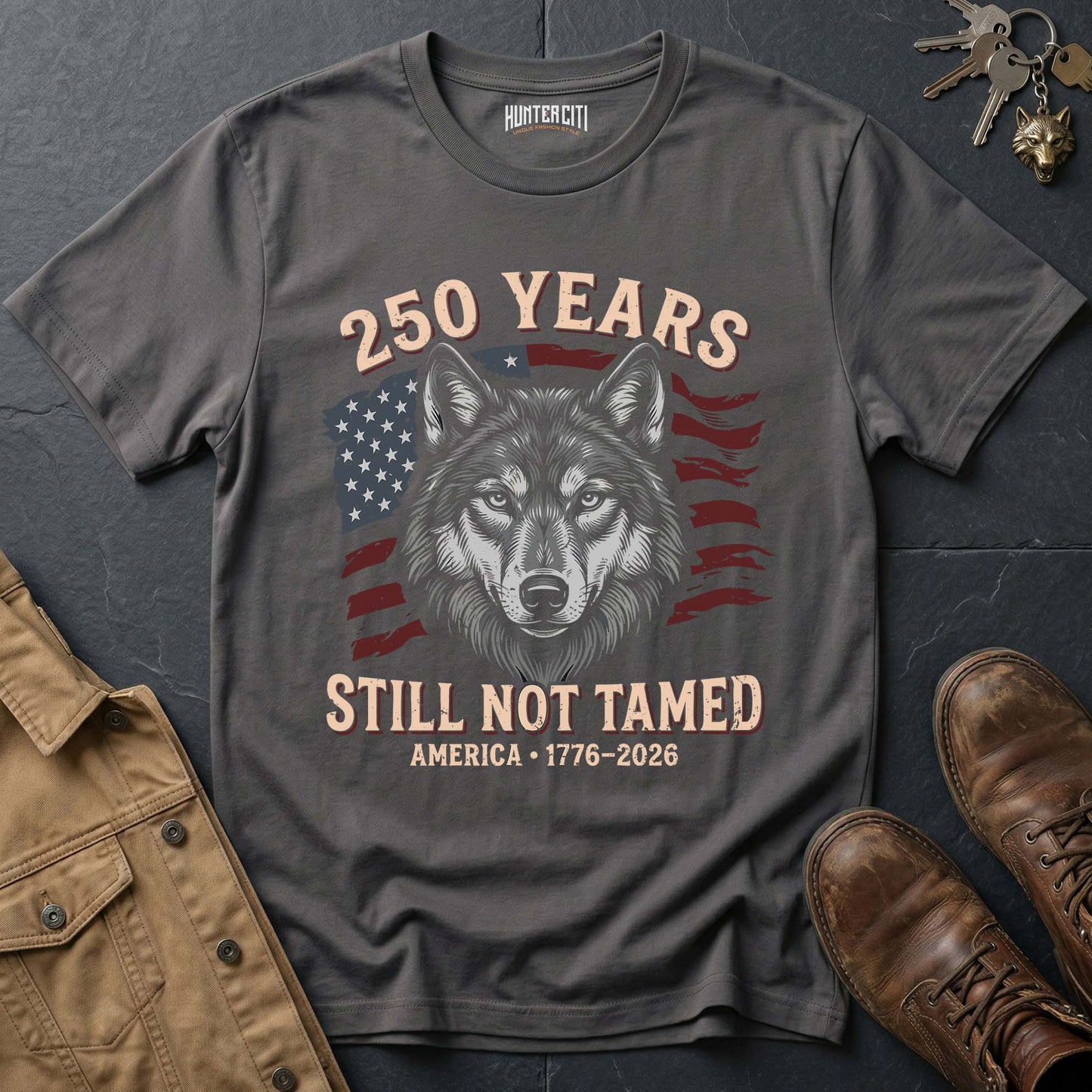 250 Years America Still Not Tamed Wolf Face T-Shirt - 1776 2026 America Anniversary Patriotic Wolf Tee USA Gift