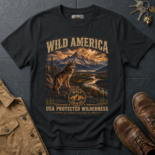 Wild America USA Protected Wilderness T-Shirt Wolf Country Nature Graphic Tee Yellowstone Outdoor Gift Men Women
