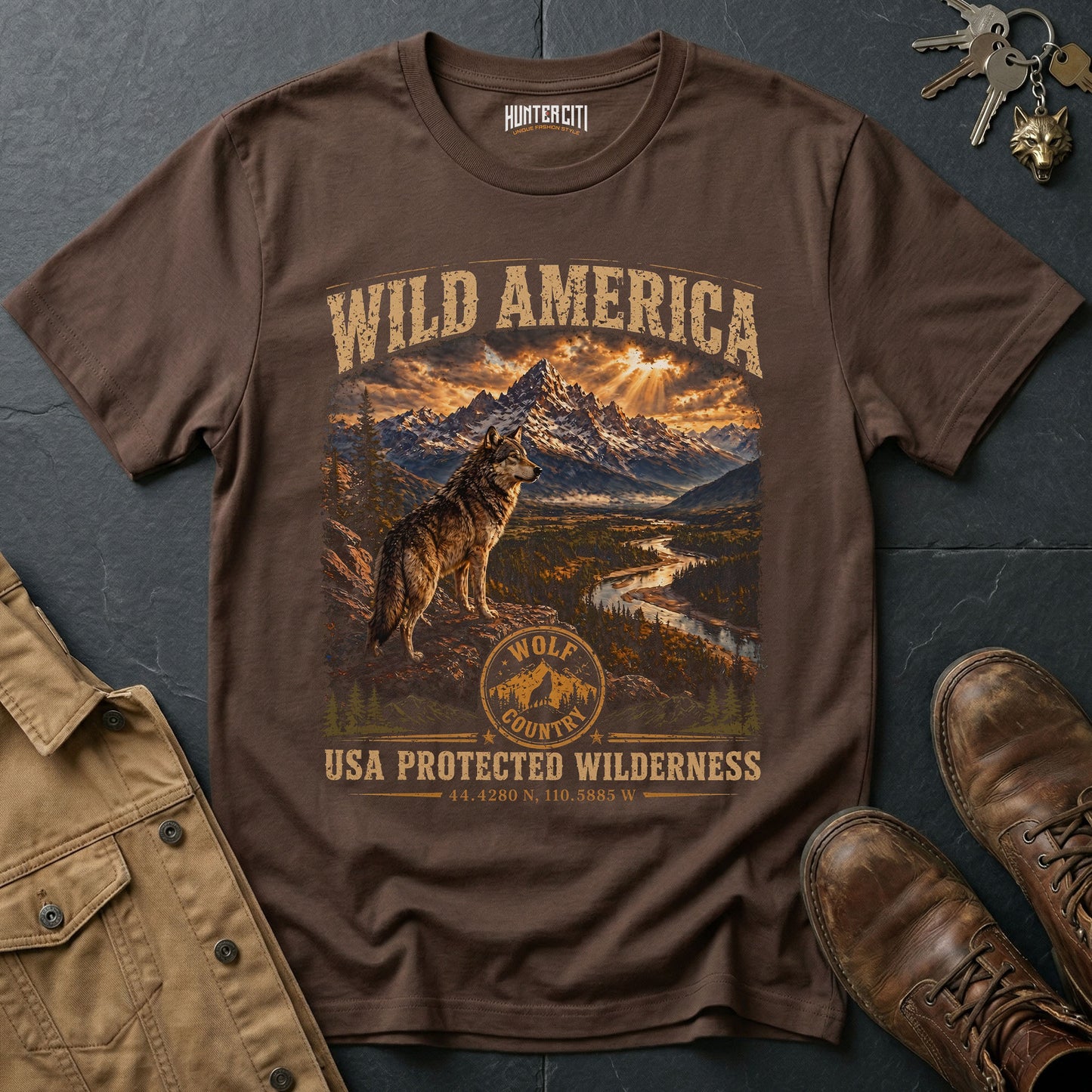 Wild America USA Protected Wilderness T-Shirt Wolf Country Nature Graphic Tee Yellowstone Outdoor Gift Men Women