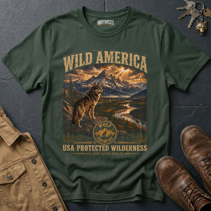 Wild America USA Protected Wilderness T-Shirt Wolf Country Nature Graphic Tee Yellowstone Outdoor Gift Men Women