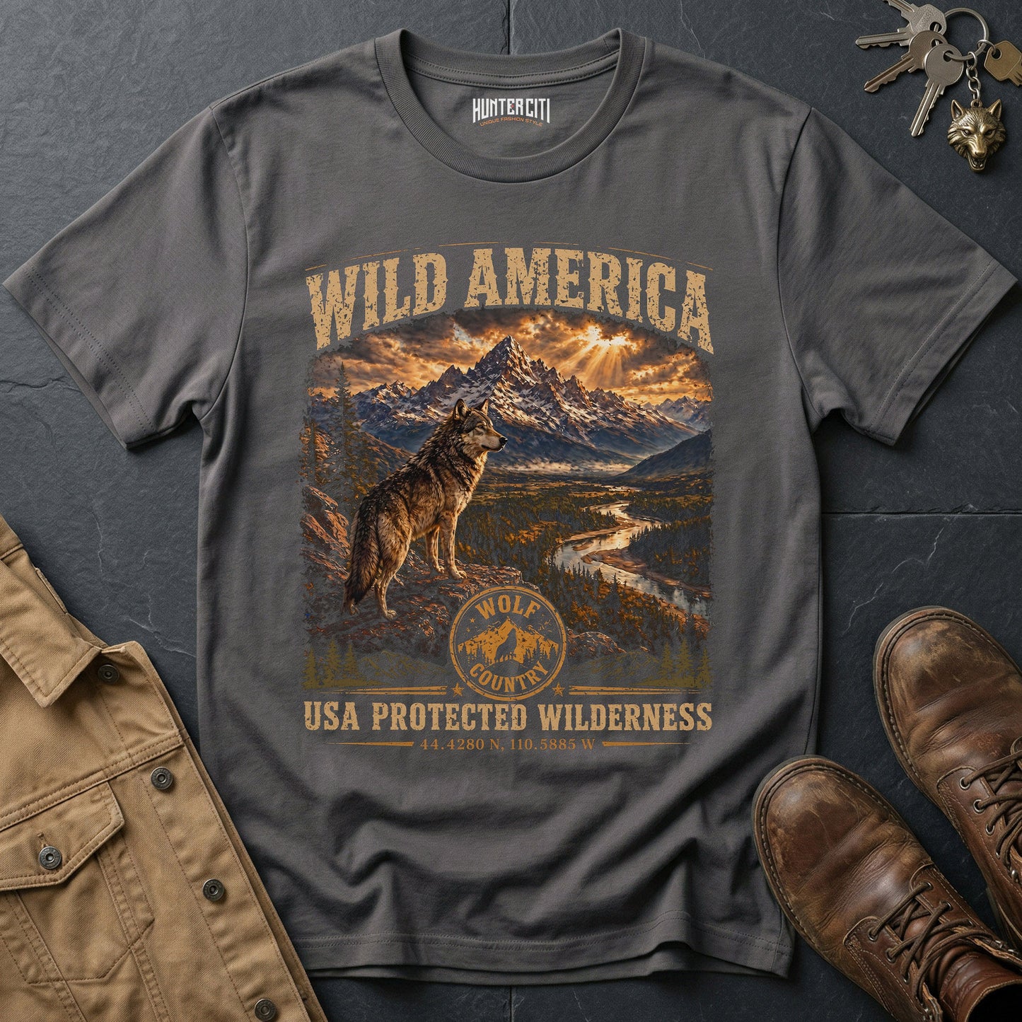 Wild America USA Protected Wilderness T-Shirt Wolf Country Nature Graphic Tee Yellowstone Outdoor Gift Men Women