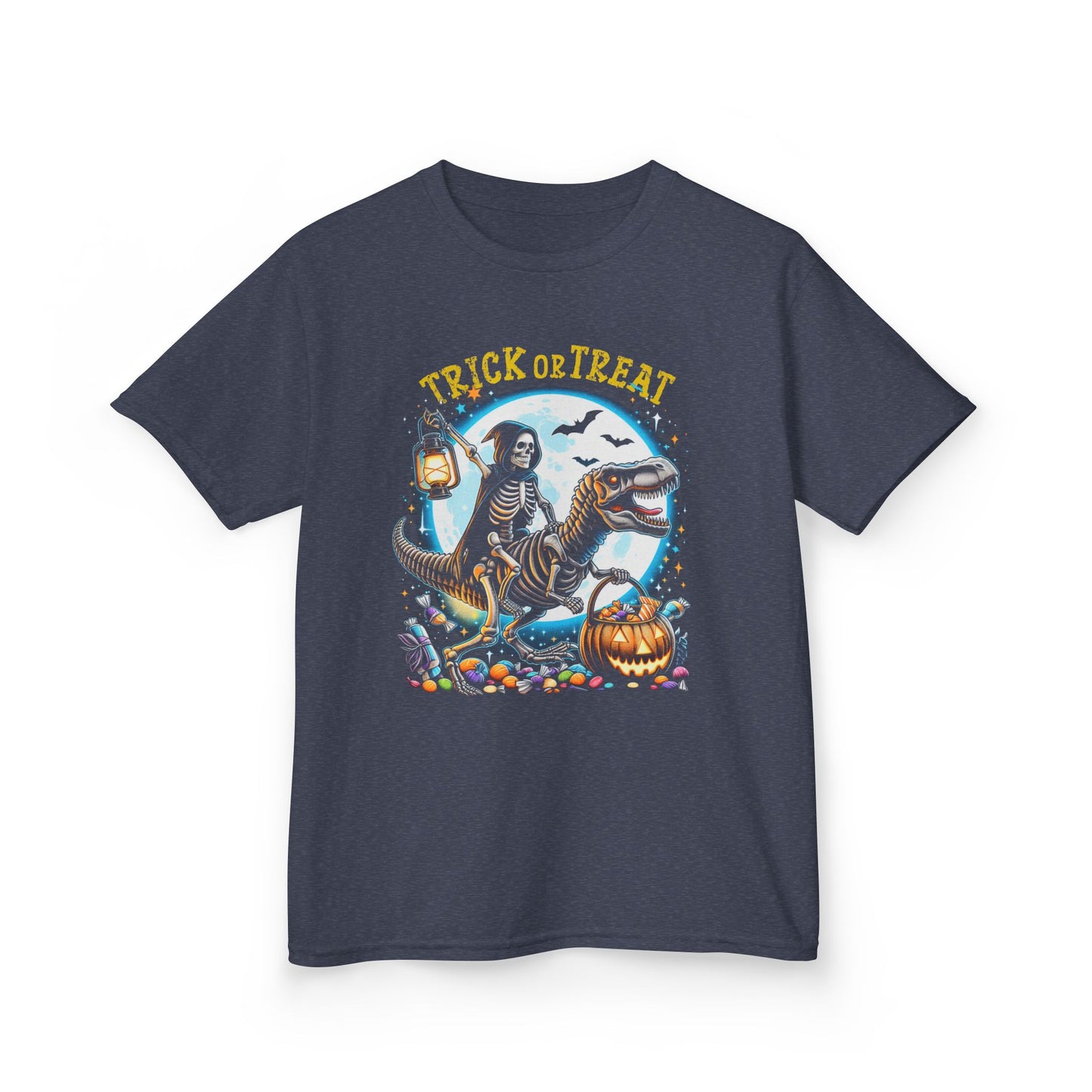 Skeleton Riding Mummy Dinosaur T Rex Halloween Funny Pumpkin Kids T-Shirt - Cute Dinosaur Skeleton Halloween Shirt for Boys & Girls