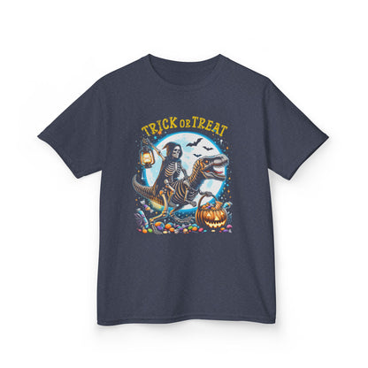 Skeleton Riding Mummy Dinosaur T Rex Halloween Funny Pumpkin Kids T-Shirt - Cute Dinosaur Skeleton Halloween Shirt for Boys & Girls