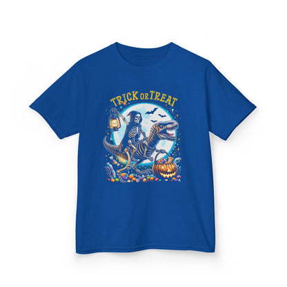 Skeleton Riding Mummy Dinosaur T Rex Halloween Funny Pumpkin Kids T-Shirt - Cute Dinosaur Skeleton Halloween Shirt for Boys & Girls