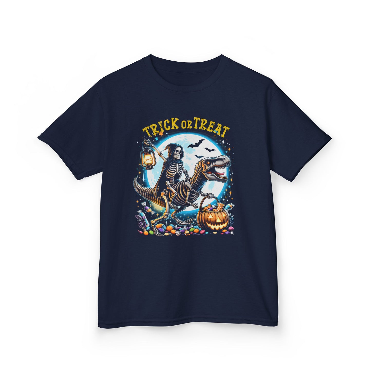 Skeleton Riding Mummy Dinosaur T Rex Halloween Funny Pumpkin Kids T-Shirt - Cute Dinosaur Skeleton Halloween Shirt for Boys & Girls
