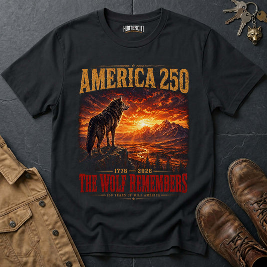 America 250 The Wolf Remembers T-Shirt 1776 2026 Cinematic Wolf Sunset Patriotic Graphic Tee Anniversary USA Gift