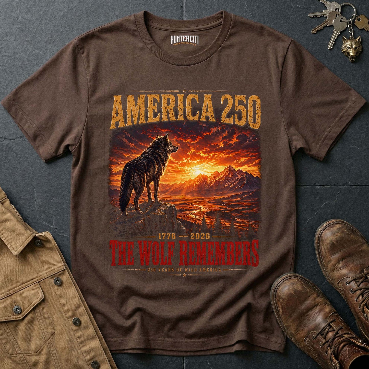 America 250 The Wolf Remembers T-Shirt 1776 2026 Cinematic Wolf Sunset Patriotic Graphic Tee Anniversary USA Gift