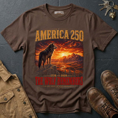 America 250 The Wolf Remembers T-Shirt 1776 2026 Cinematic Wolf Sunset Patriotic Graphic Tee Anniversary USA Gift