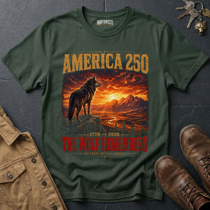 America 250 The Wolf Remembers T-Shirt 1776 2026 Cinematic Wolf Sunset Patriotic Graphic Tee Anniversary USA Gift