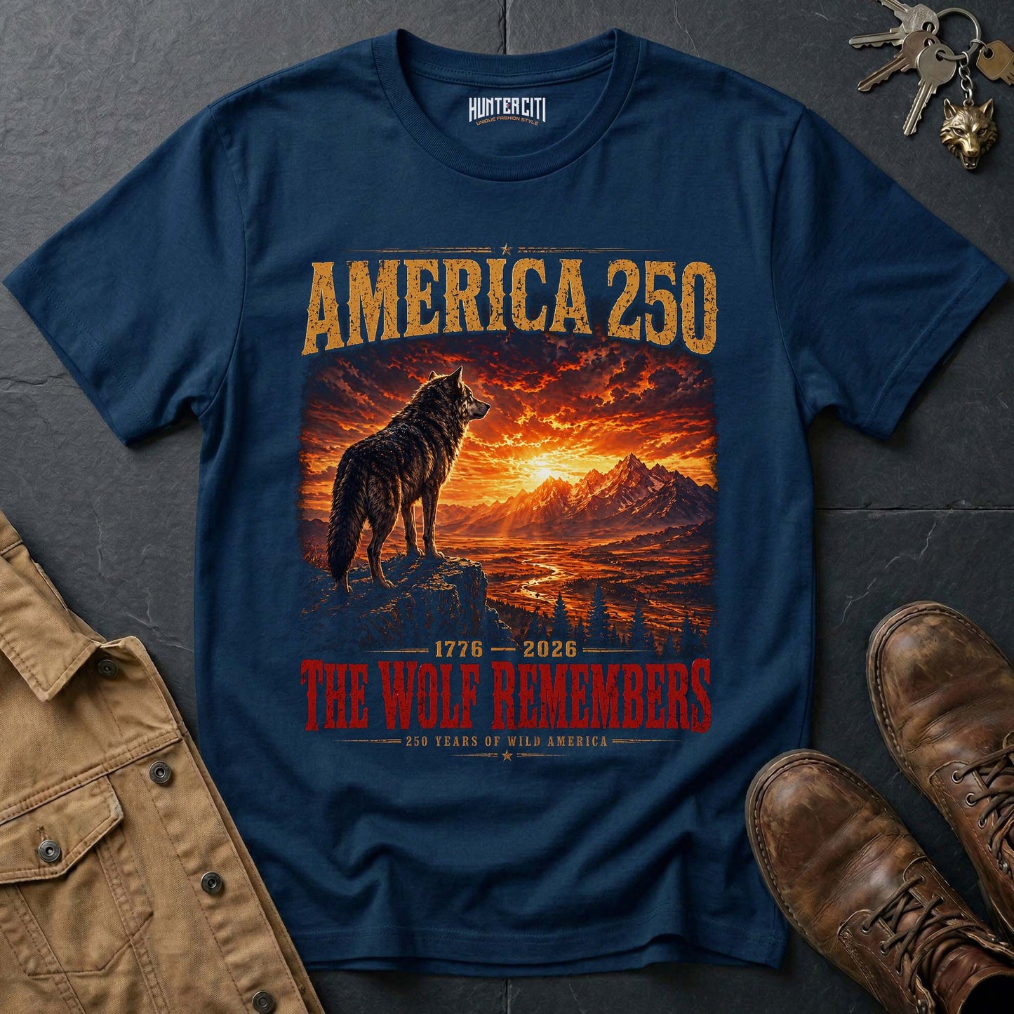 America 250 The Wolf Remembers T-Shirt 1776 2026 Cinematic Wolf Sunset Patriotic Graphic Tee Anniversary USA Gift