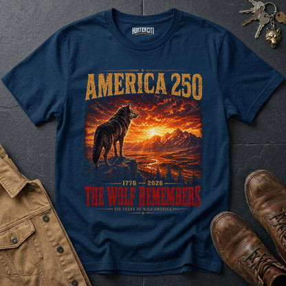 America 250 The Wolf Remembers T-Shirt 1776 2026 Cinematic Wolf Sunset Patriotic Graphic Tee Anniversary USA Gift