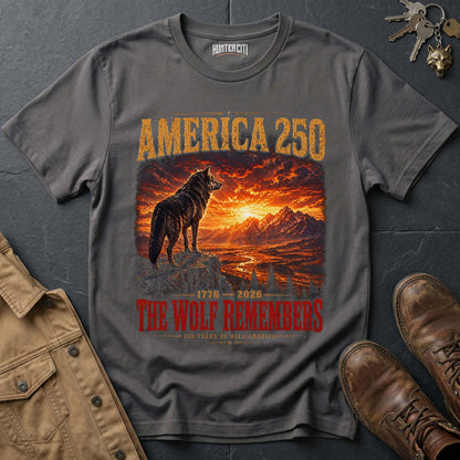 America 250 The Wolf Remembers T-Shirt 1776 2026 Cinematic Wolf Sunset Patriotic Graphic Tee Anniversary USA Gift