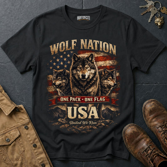 Wolf Nation One Pack One Flag USA T-Shirt Patriotic Wolf Pack Graphic Tee United We Run American Wolf Gift for Men