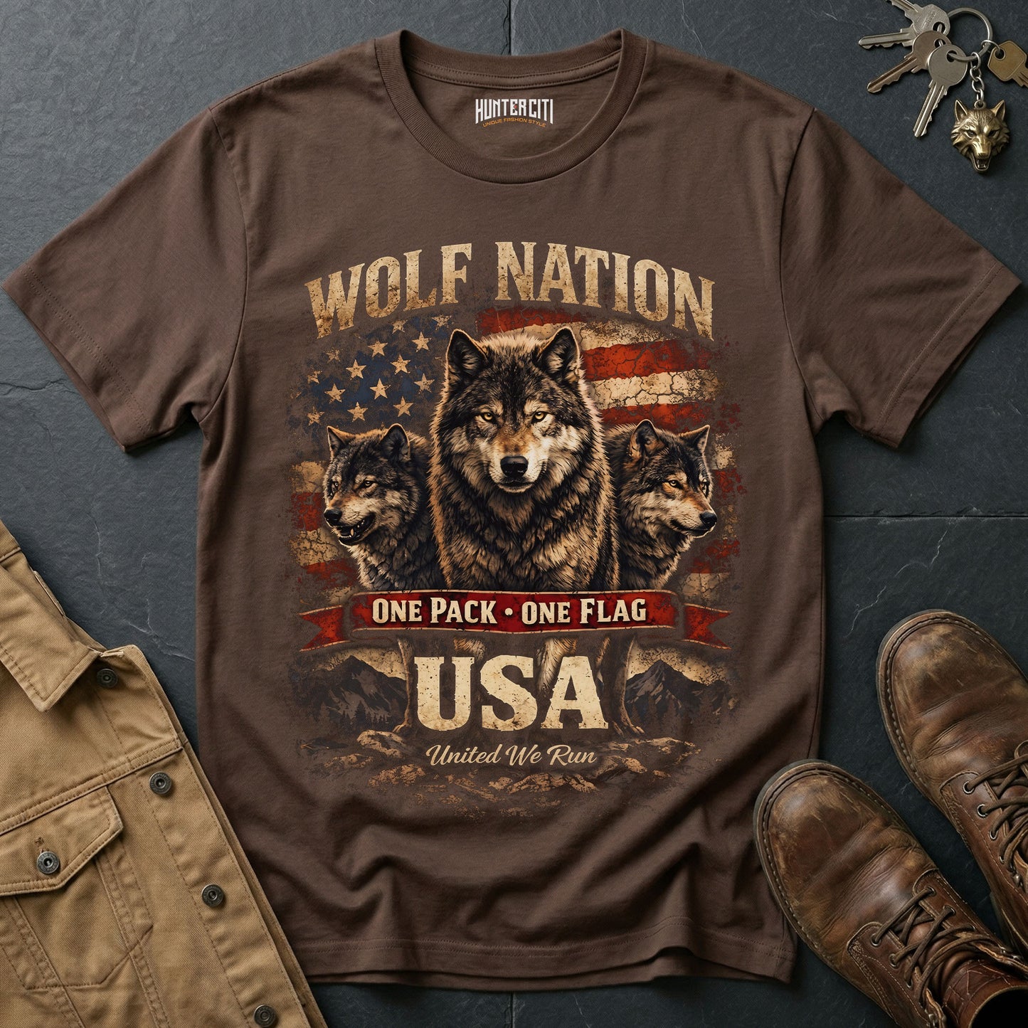 Wolf Nation One Pack One Flag USA T-Shirt Patriotic Wolf Pack Graphic Tee United We Run American Wolf Gift for Men