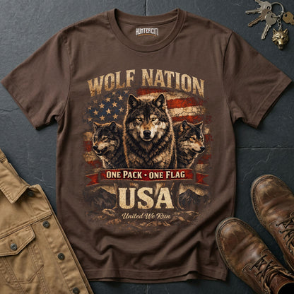 Wolf Nation One Pack One Flag USA T-Shirt Patriotic Wolf Pack Graphic Tee United We Run American Wolf Gift for Men