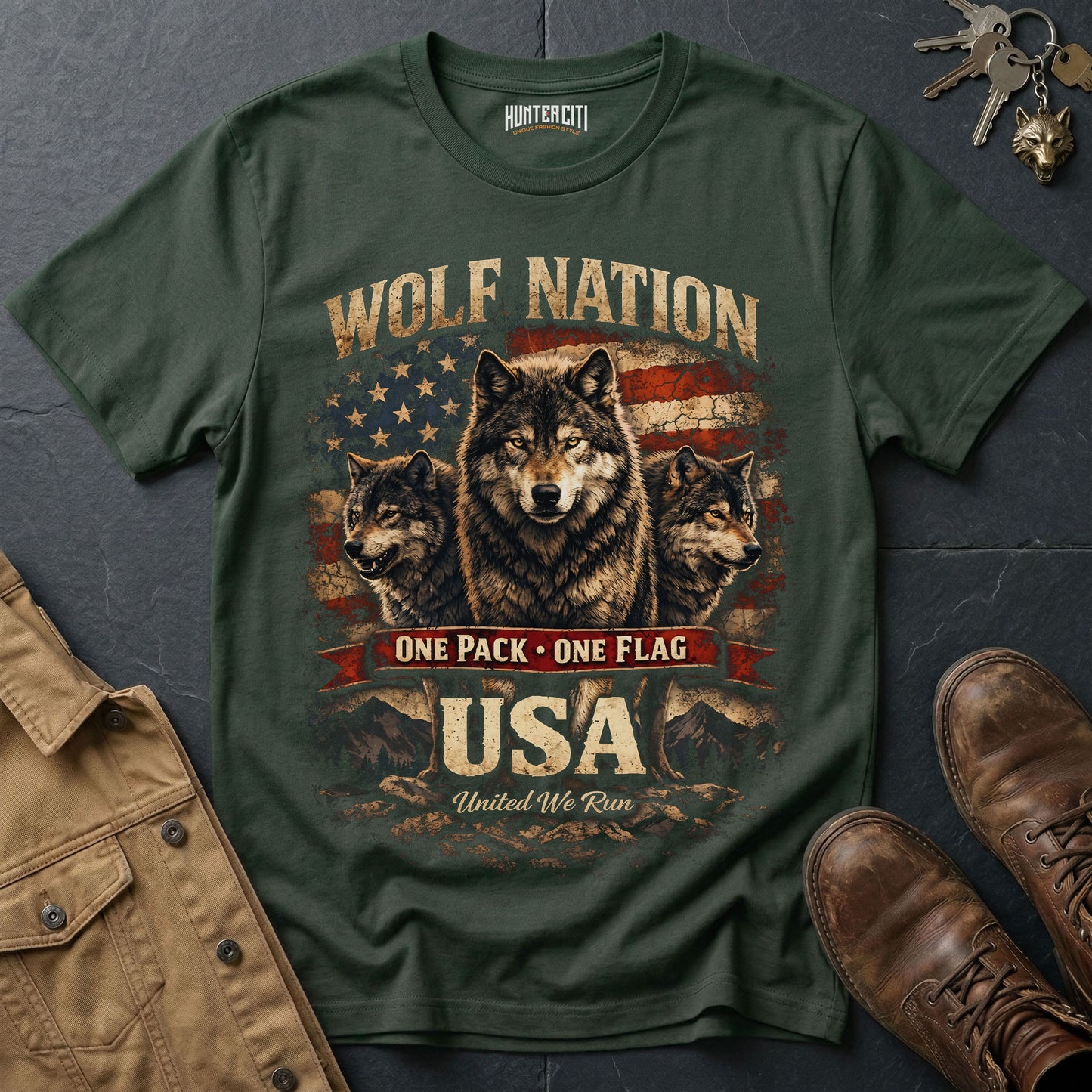 Wolf Nation One Pack One Flag USA T-Shirt Patriotic Wolf Pack Graphic Tee United We Run American Wolf Gift for Men