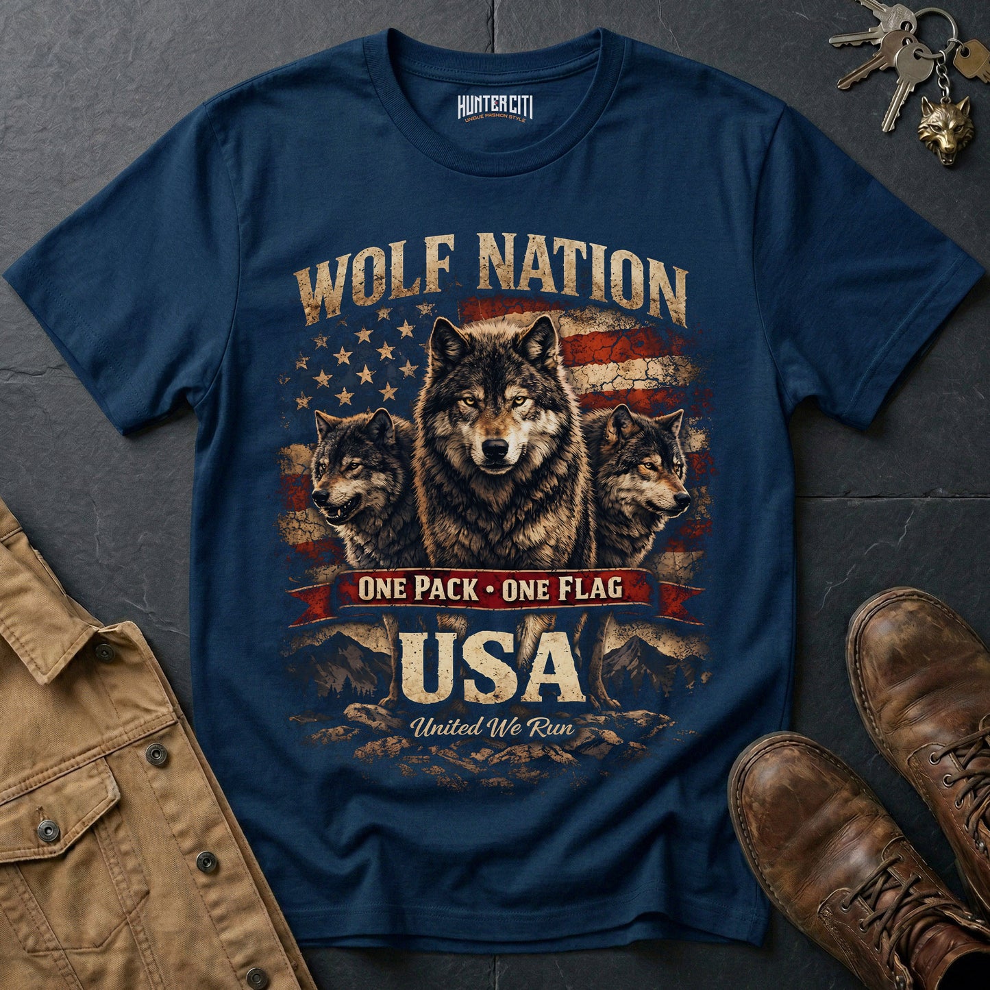 Wolf Nation One Pack One Flag USA T-Shirt Patriotic Wolf Pack Graphic Tee United We Run American Wolf Gift for Men