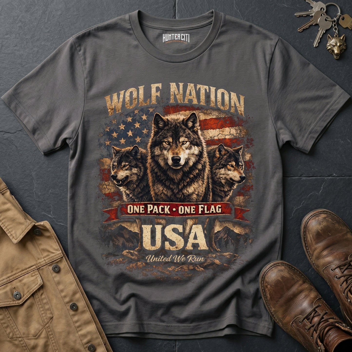 Wolf Nation One Pack One Flag USA T-Shirt Patriotic Wolf Pack Graphic Tee United We Run American Wolf Gift for Men